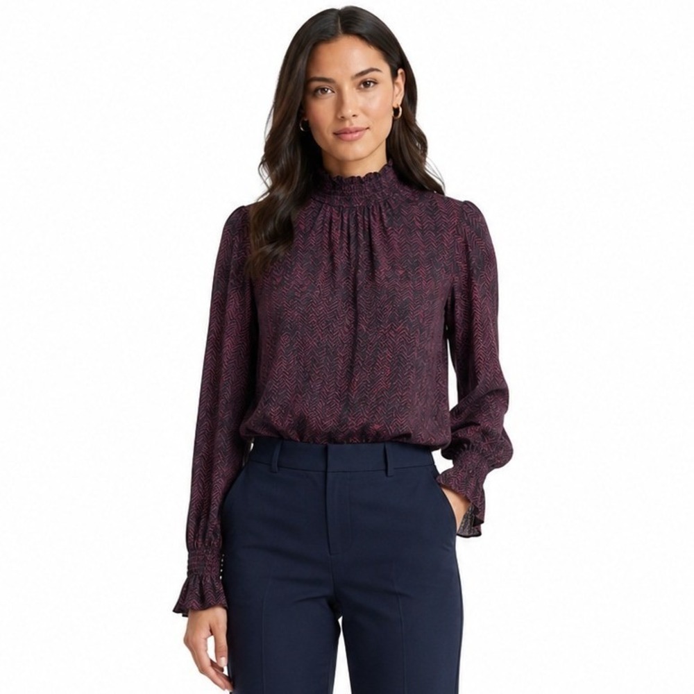 Banana Republic Blouse Women Size‎ M Burgundy Black Chevron Smocked Mock Neck